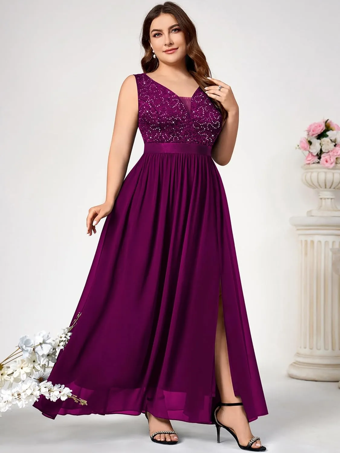 Knitee Women's Plus Size Sequin Lace Deep V-Neck Sleeveless Slit Formal Evening Maxi Dresses