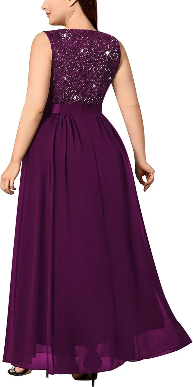 Knitee Women's Plus Size Sequin Lace Deep V-Neck Sleeveless Slit Formal Evening Maxi Dresses