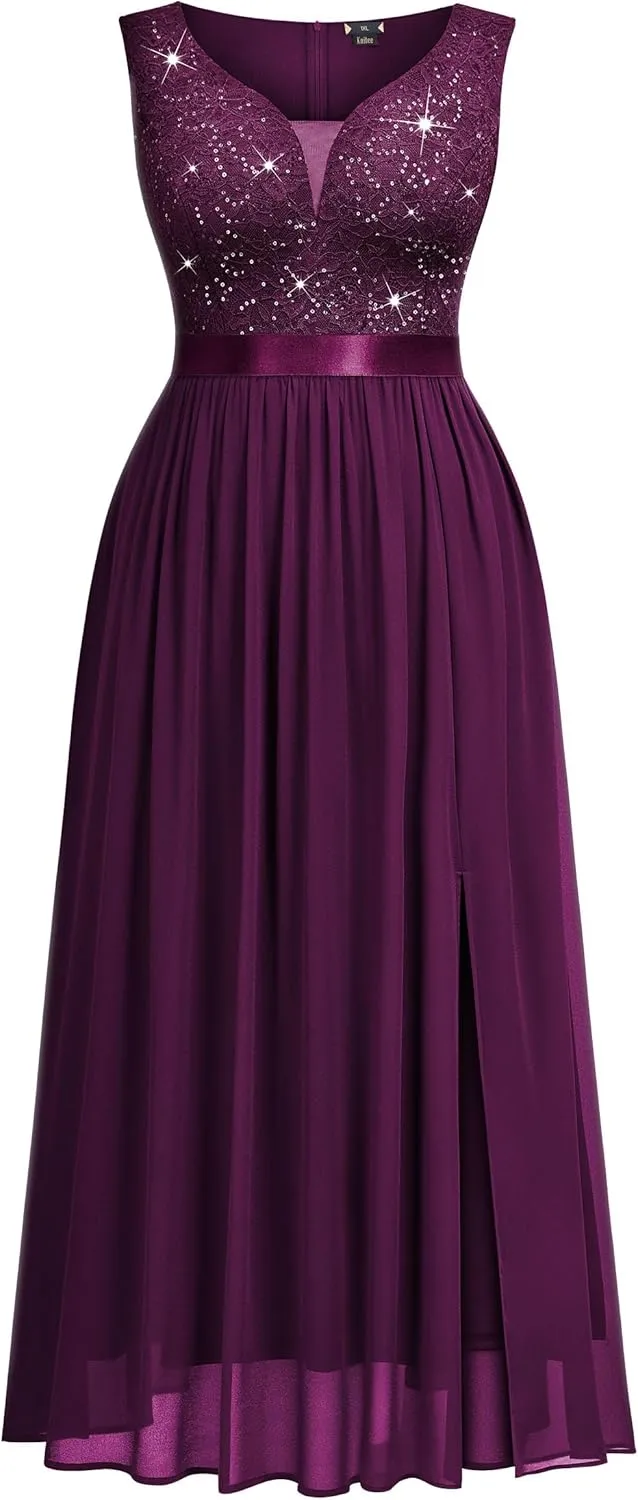 Knitee Women's Plus Size Sequin Lace Deep V-Neck Sleeveless Slit Formal Evening Maxi Dresses