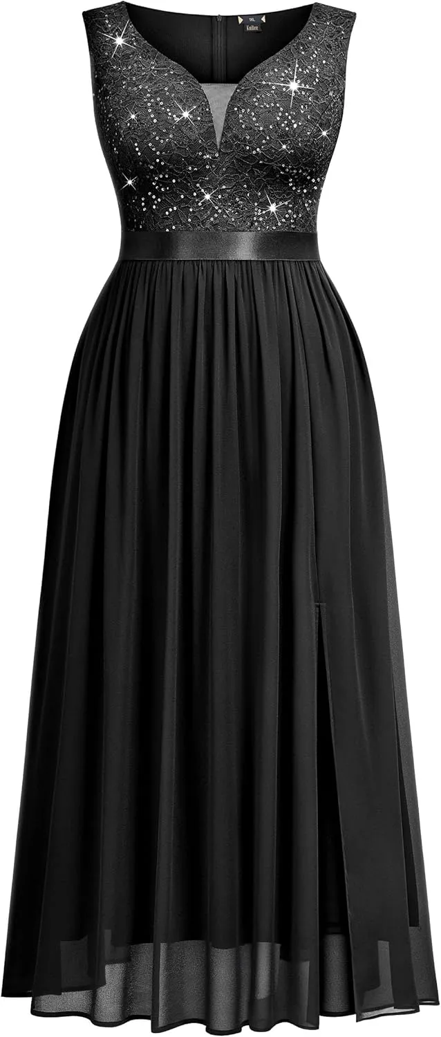 MISSMAY Women's Plus Size Sequined Lace Deep V-Neck Sleeveless Slit Formal Evening Party Maxi Dress