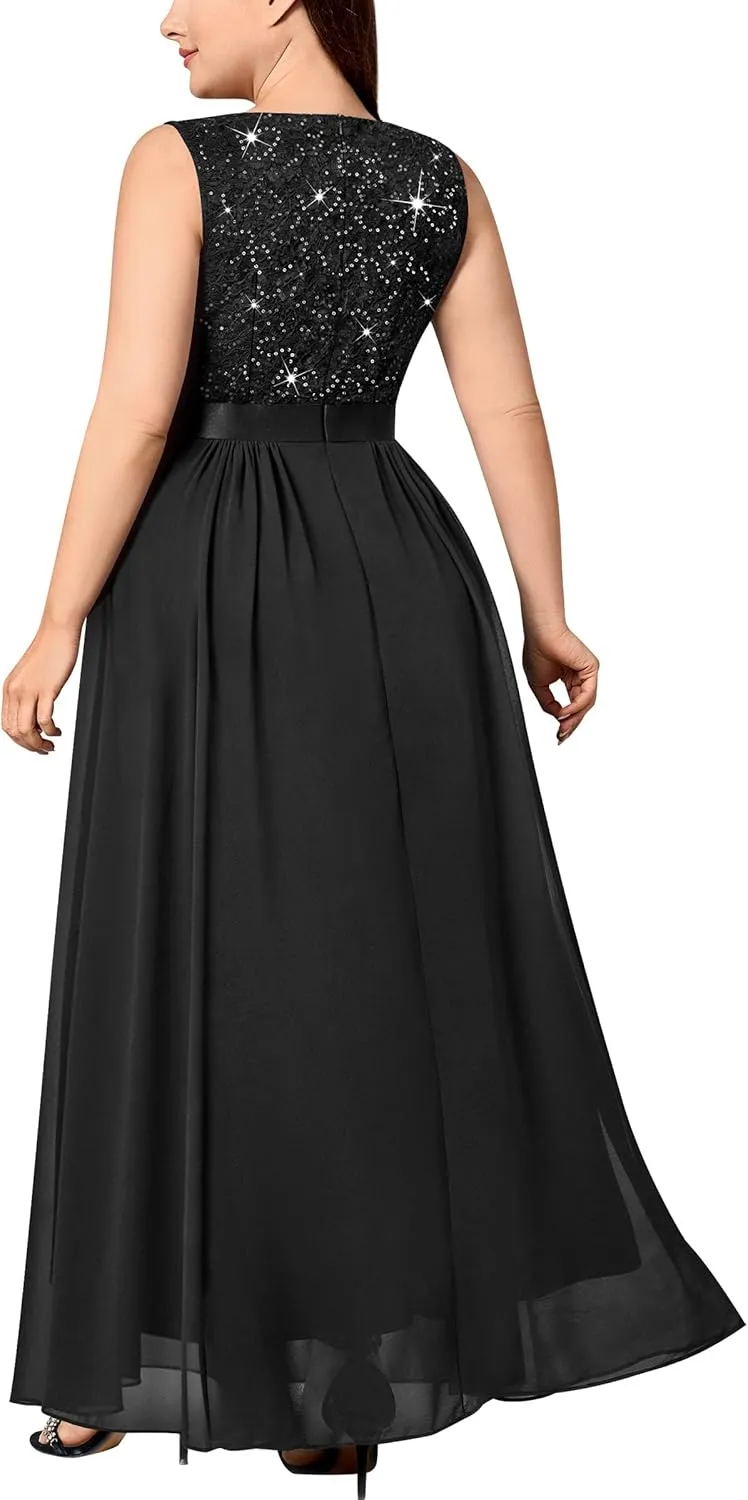 MISSMAY Women's Plus Size Sequined Lace Deep V-Neck Sleeveless Slit Formal Evening Party Maxi Dress