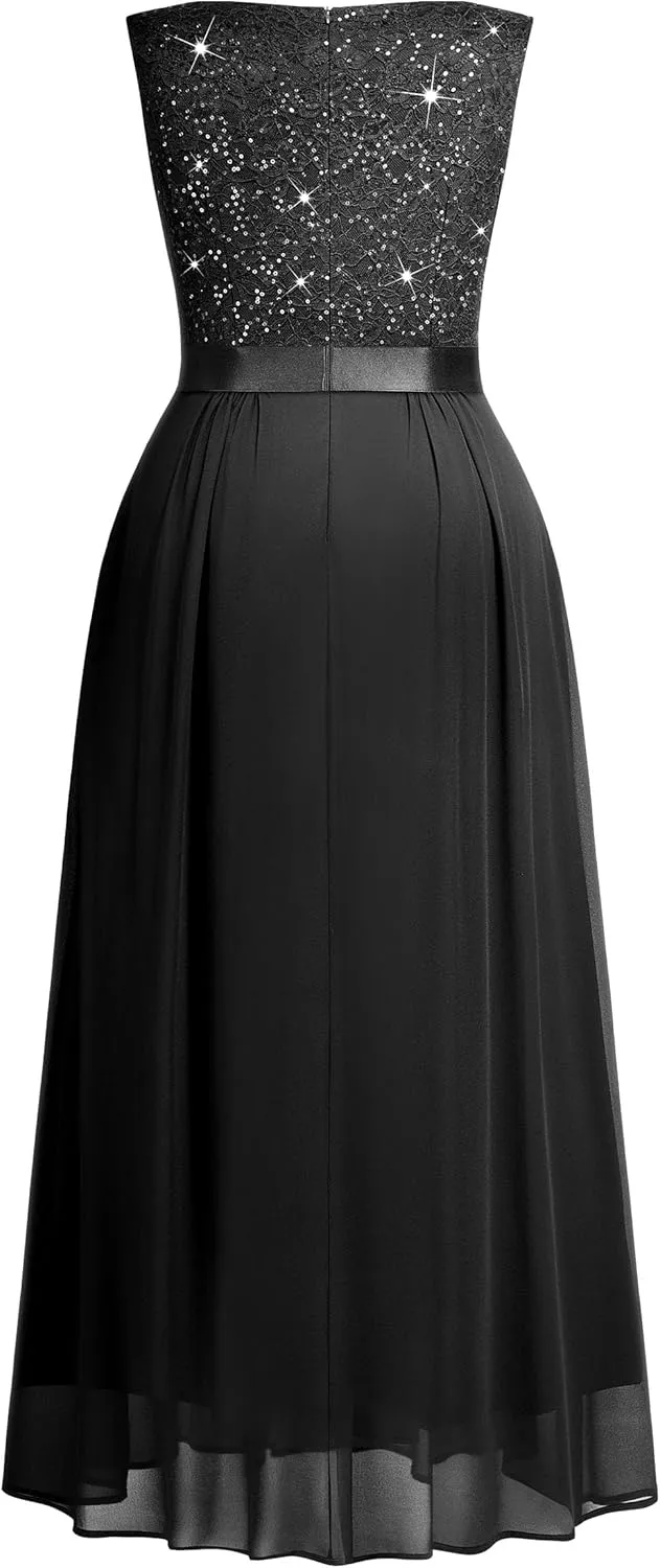 MISSMAY Women's Plus Size Sequined Lace Deep V-Neck Sleeveless Slit Formal Evening Party Maxi Dress