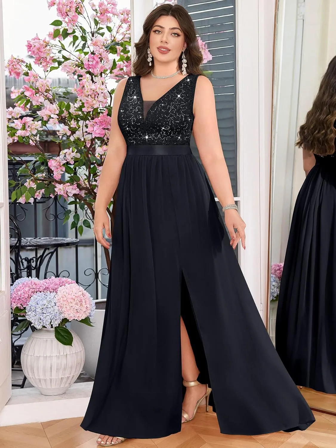 MISSMAY Women's Plus Size Sequined Lace Deep V-Neck Sleeveless Slit Formal Evening Party Maxi Dress