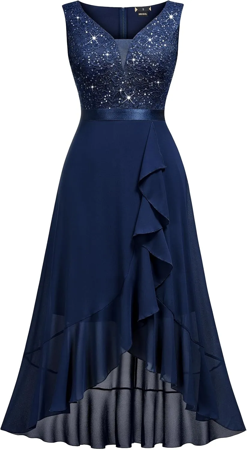 Miusol Women's Vintage V-Neck Sleeveless Sequined Floral Lace Ruffle Split Evening Party Dress