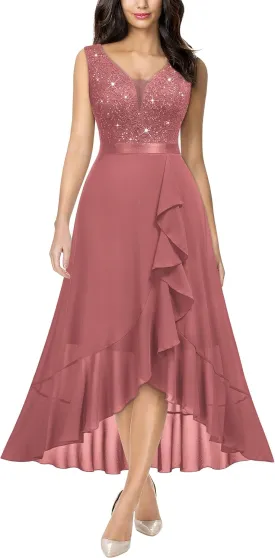 Miusol Women's Vintage V-Neck Sleeveless Sequined Floral Lace Ruffle Split Evening Party Dress