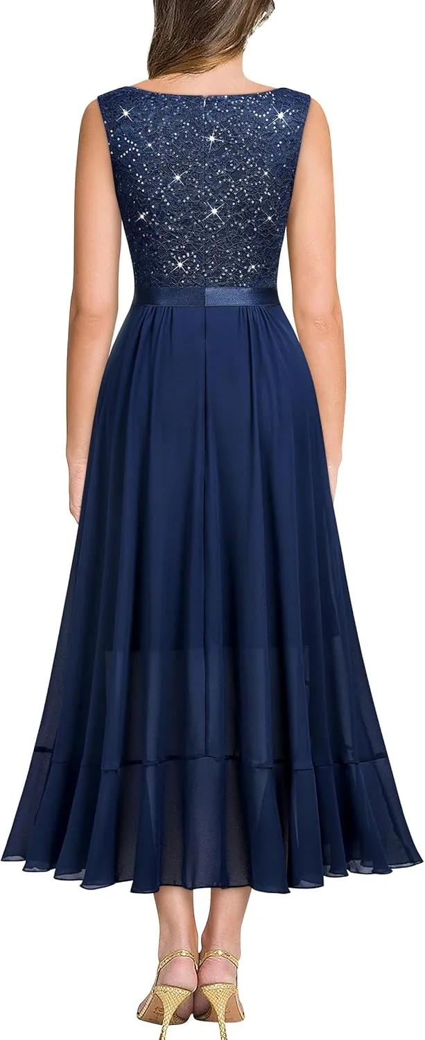 Miusol Women's Vintage V-Neck Sleeveless Sequined Floral Lace Ruffle Split Evening Party Dress