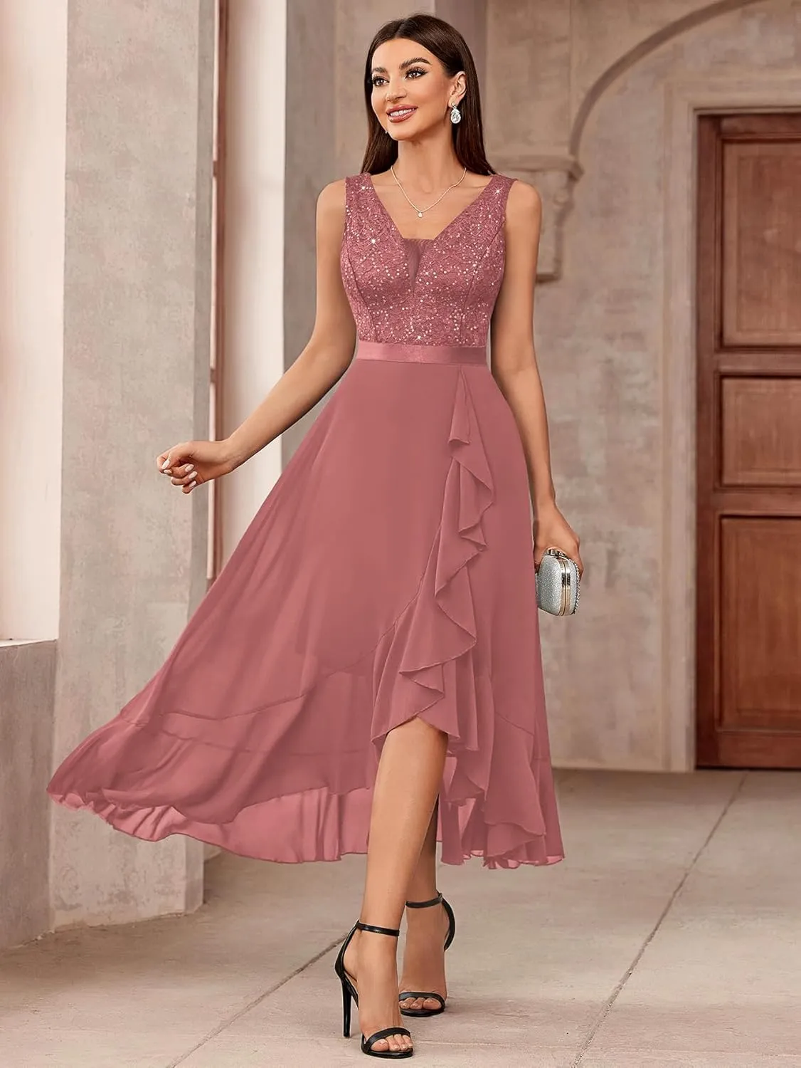 Miusol Women's Vintage V-Neck Sleeveless Sequined Floral Lace Ruffle Split Evening Party Dress