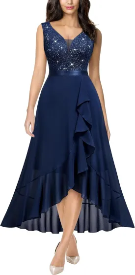 Miusol Women's Vintage V-Neck Sleeveless Sequined Floral Lace Ruffle Split Evening Party Dress