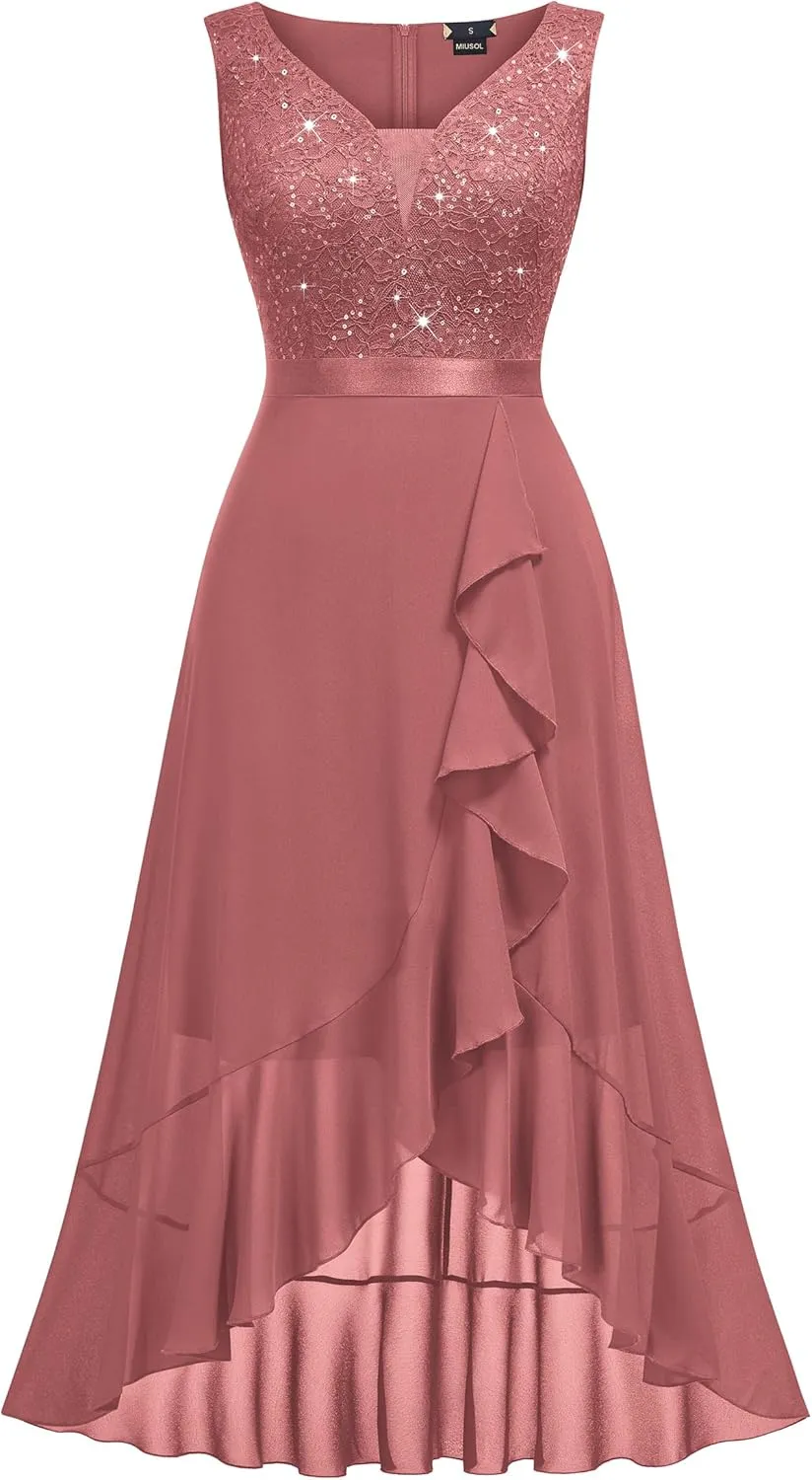Miusol Women's Vintage V-Neck Sleeveless Sequined Floral Lace Ruffle Split Evening Party Dress
