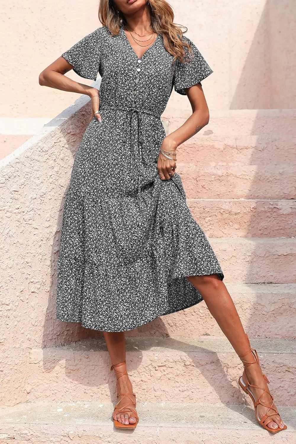 PRETTYGARDEN Summer Floral Dress for Women 2025 Casual Boho Short Sleeve Maxi Dresses V Neck Tiered Flowy Beach Sundress
