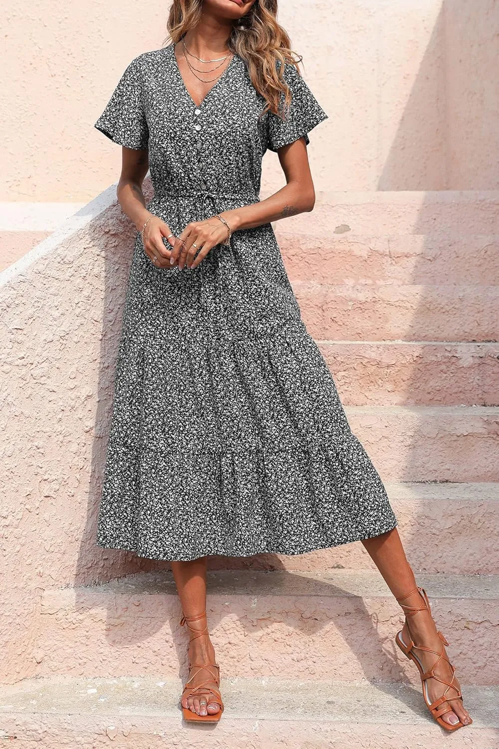 PRETTYGARDEN Summer Floral Dress for Women 2025 Casual Boho Short Sleeve Maxi Dresses V Neck Tiered Flowy Beach Sundress