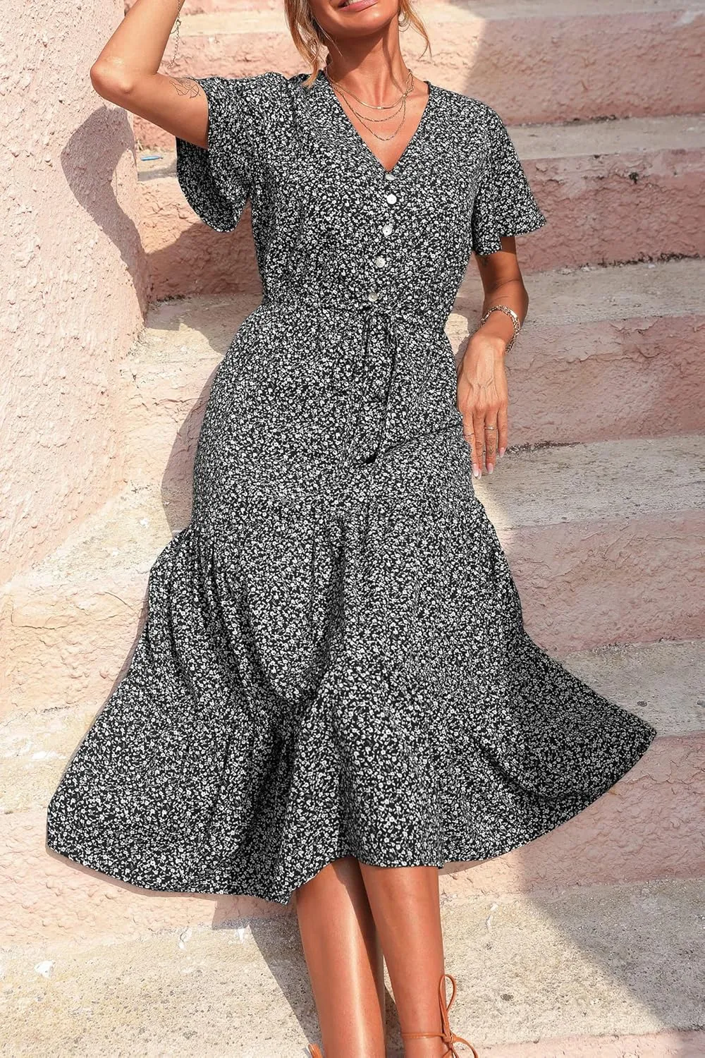 PRETTYGARDEN Summer Floral Dress for Women 2025 Casual Boho Short Sleeve Maxi Dresses V Neck Tiered Flowy Beach Sundress