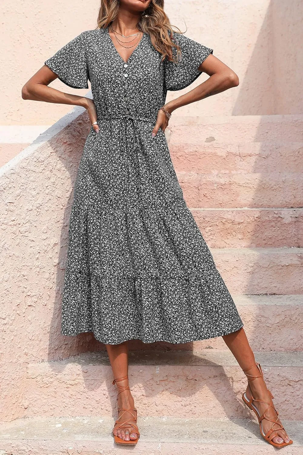 PRETTYGARDEN Summer Floral Dress for Women 2025 Casual Boho Short Sleeve Maxi Dresses V Neck Tiered Flowy Beach Sundress