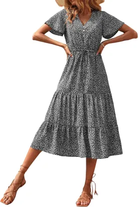 PRETTYGARDEN Summer Floral Dress for Women 2025 Casual Boho Short Sleeve Maxi Dresses V Neck Tiered Flowy Beach Sundress