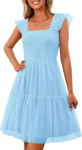PRETTYGARDEN Womens 2025 Casual Mini Summer Dresses Sleeveless Tulle Ruffle Square Neck Tiered Smocked Wedding Guest Dress