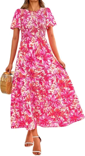 PRETTYGARDEN Women's 2025 Summer Casual Flutter Short Sleeve Boho Floral Maxi Dress Crew Neck Smocked Tiered Long Dresses