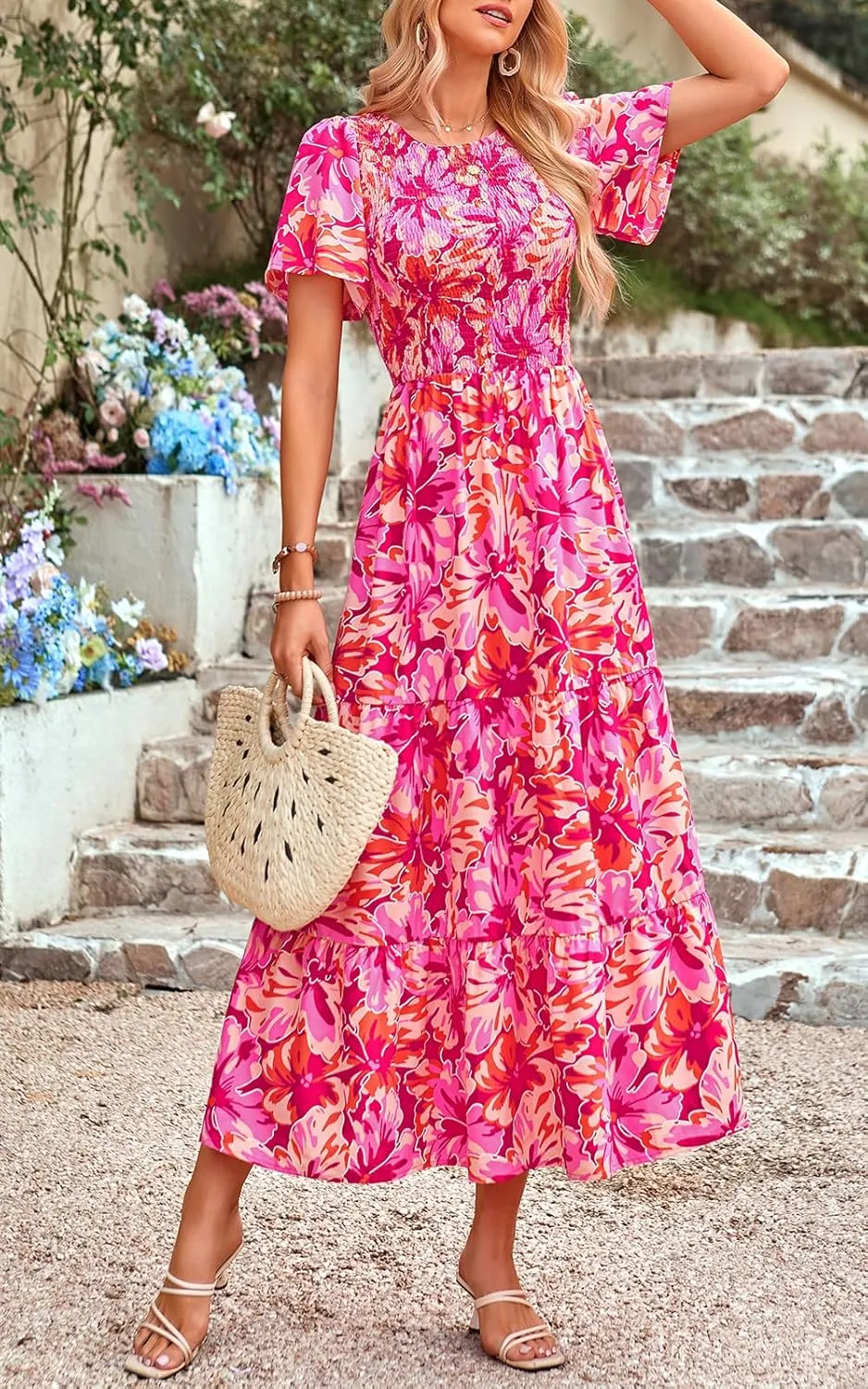 PRETTYGARDEN Women's 2025 Summer Casual Flutter Short Sleeve Boho Floral Maxi Dress Crew Neck Smocked Tiered Long Dresses
