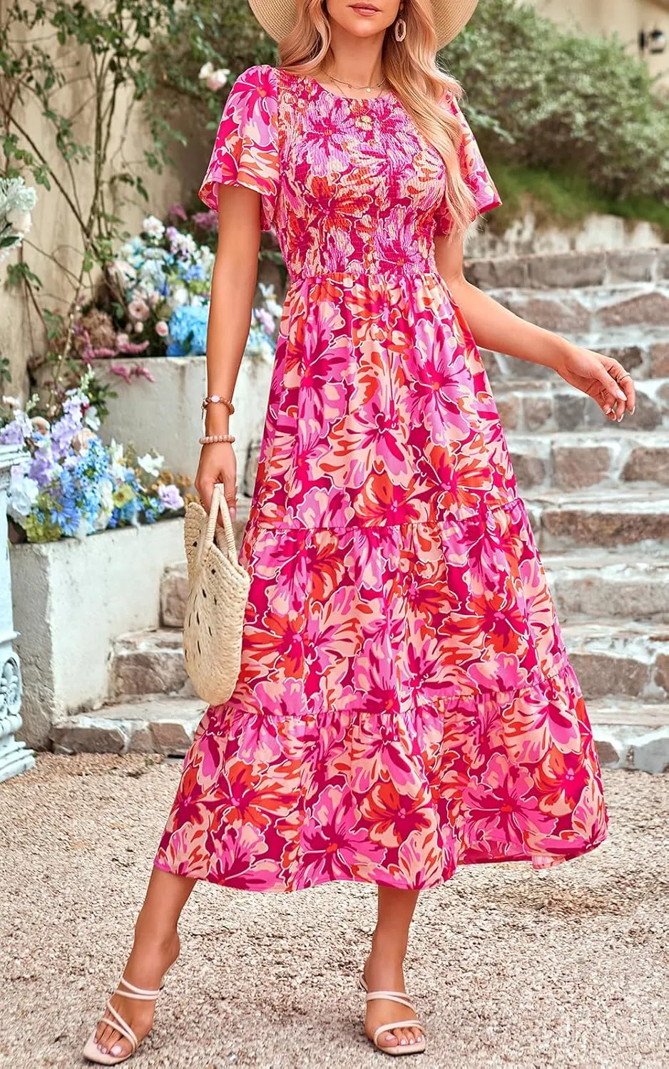 PRETTYGARDEN Women's 2025 Summer Casual Flutter Short Sleeve Boho Floral Maxi Dress Crew Neck Smocked Tiered Long Dresses