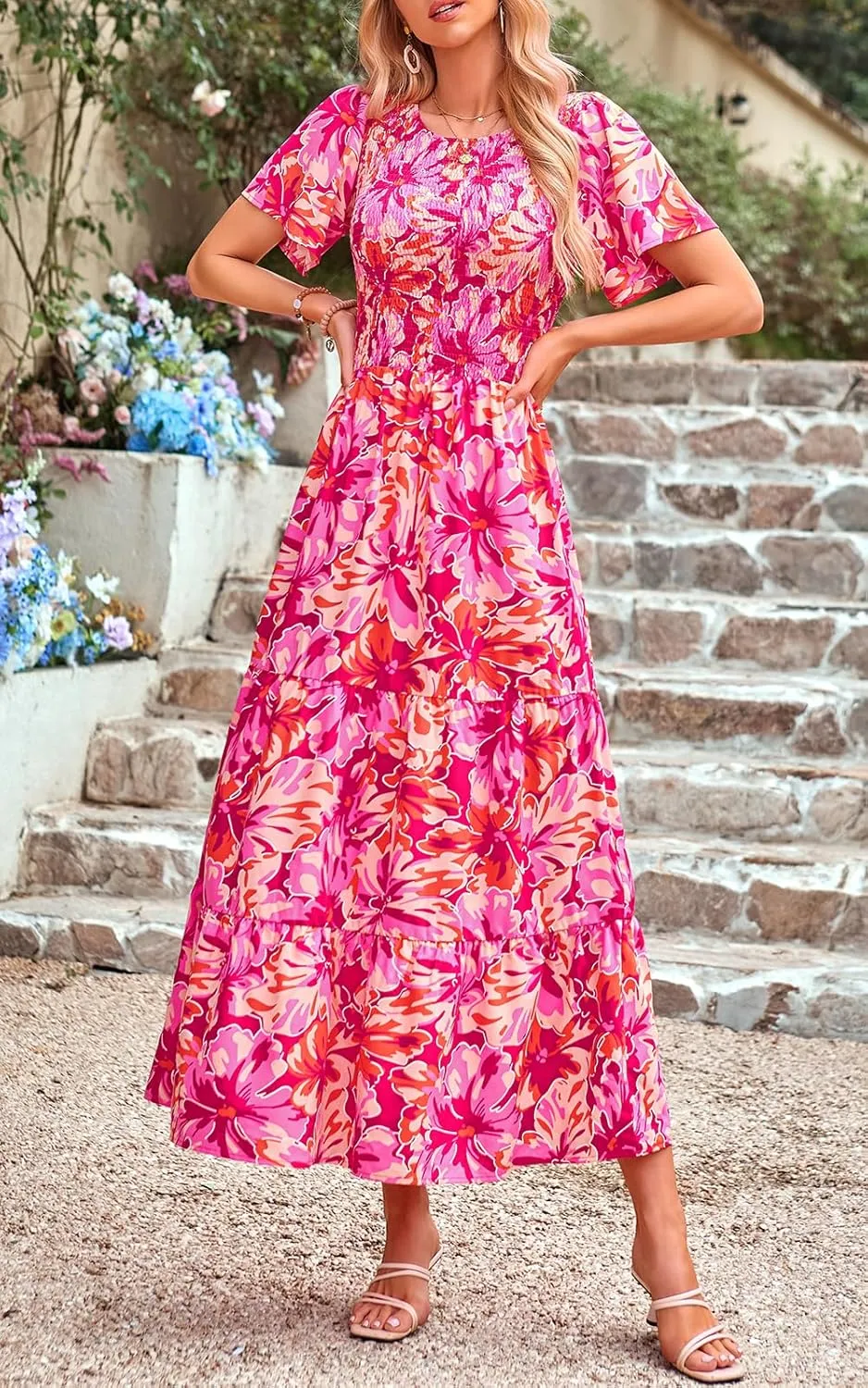 PRETTYGARDEN Women's 2025 Summer Casual Flutter Short Sleeve Boho Floral Maxi Dress Crew Neck Smocked Tiered Long Dresses
