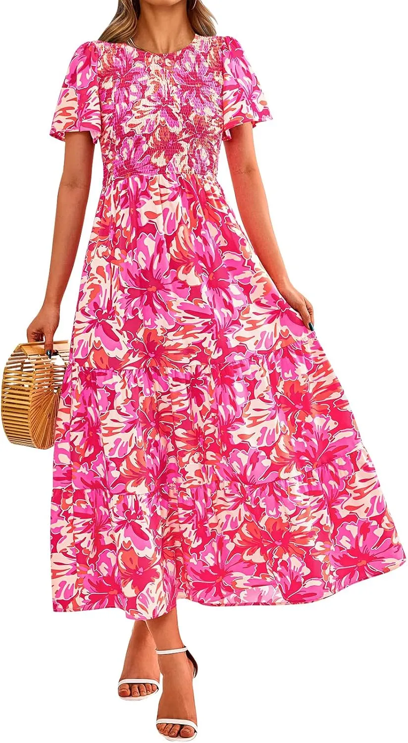 PRETTYGARDEN Women's 2025 Summer Casual Flutter Short Sleeve Boho Floral Maxi Dress Crew Neck Smocked Tiered Long Dresses