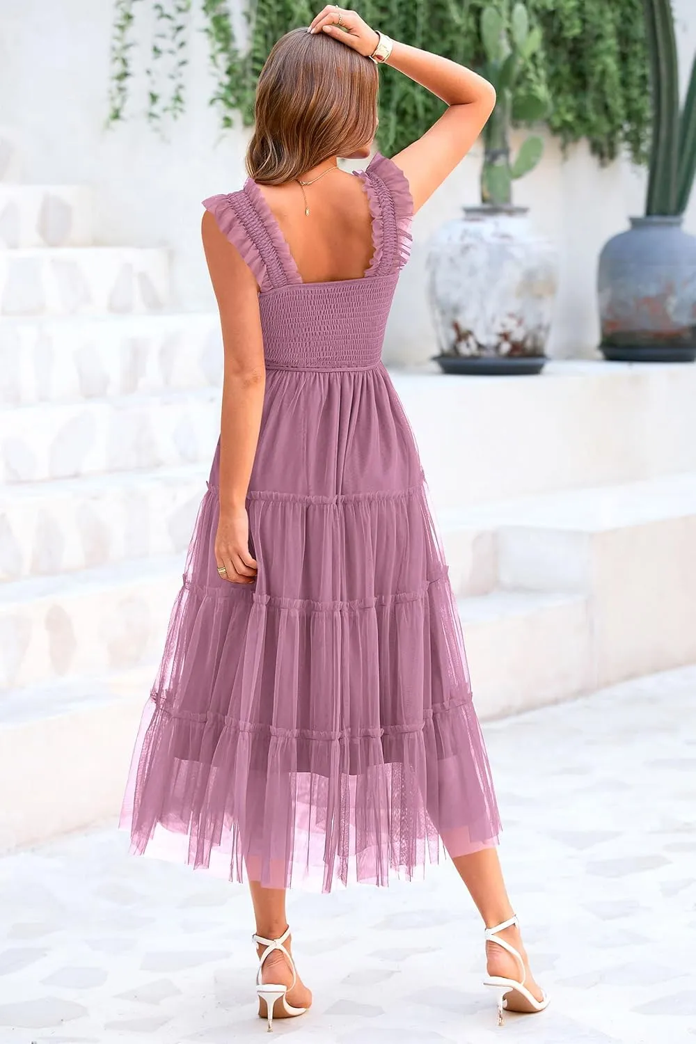 PRETTYGARDEN Women's Summer Midi Tulle Dress Sleeveless Smocked Square Neck Ruffle Flowy Party Wedding Guest Sundress