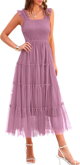 PRETTYGARDEN Women's Summer Midi Tulle Dress Sleeveless Smocked Square Neck Ruffle Flowy Party Wedding Guest Sundress