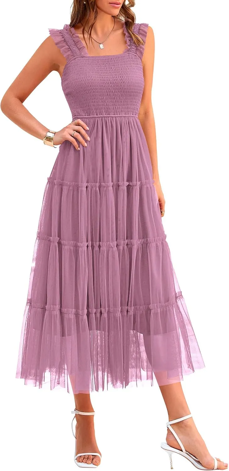 PRETTYGARDEN Women's Summer Midi Tulle Dress Sleeveless Smocked Square Neck Ruffle Flowy Party Wedding Guest Sundress