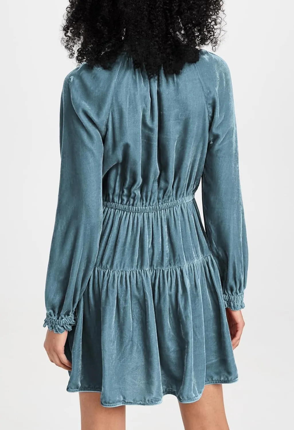 R.Vivimos Womens Fall Velvet Mini Dress V Neck Long Sleeve Elastic Waist Winter Tiered Flowy Swing A-Line Dress with Pockets