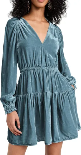 R.Vivimos Womens Fall Velvet Mini Dress V Neck Long Sleeve Elastic Waist Winter Tiered Flowy Swing A-Line Dress with Pockets