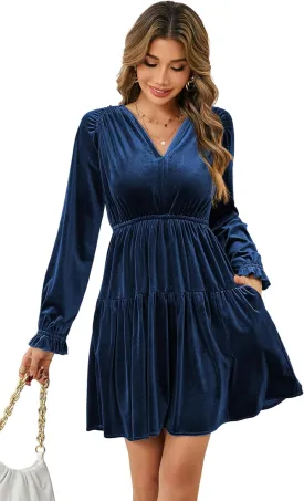 R.Vivimos Womens Fall Velvet Mini Dress V Neck Long Sleeve Elastic Waist Winter Tiered Flowy Swing A-Line Dress with Pockets