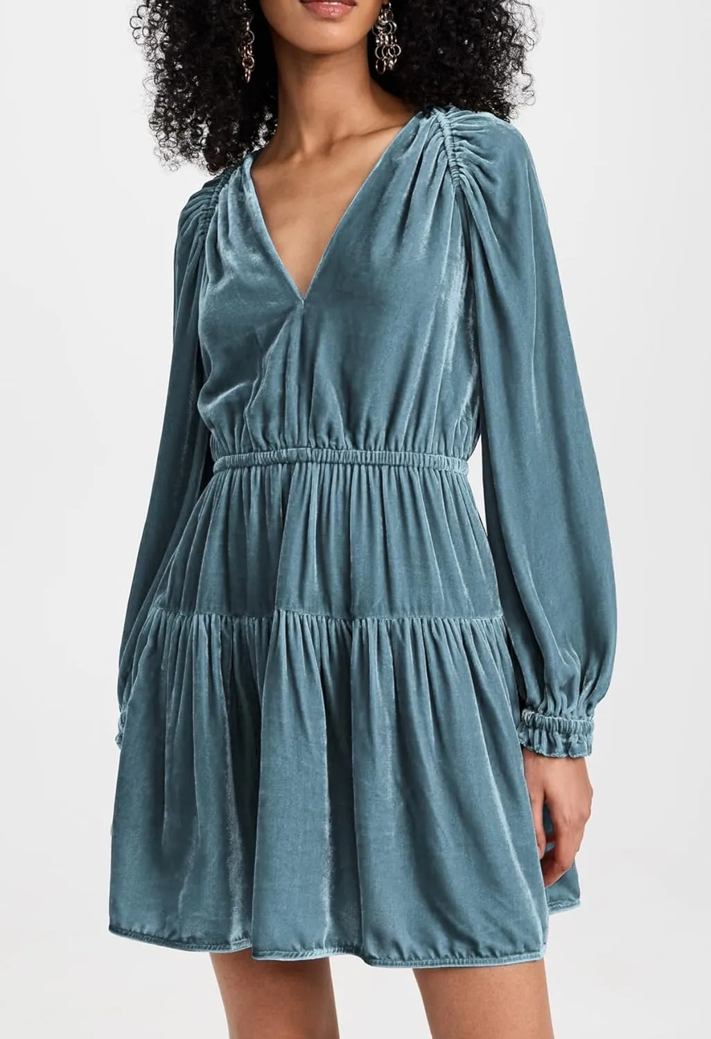 R.Vivimos Womens Fall Velvet Mini Dress V Neck Long Sleeve Elastic Waist Winter Tiered Flowy Swing A-Line Dress with Pockets