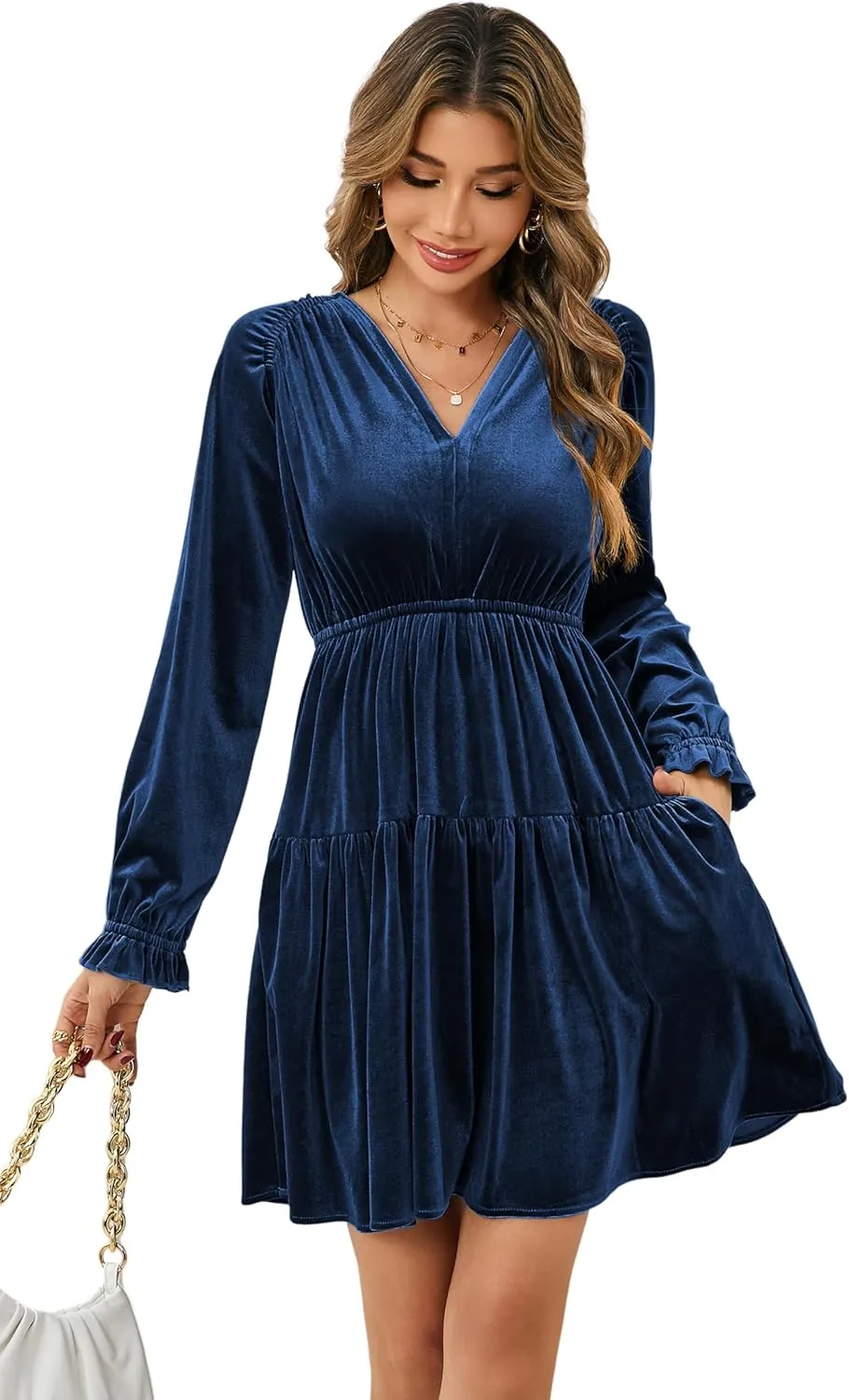 R.Vivimos Womens Fall Velvet Mini Dress V Neck Long Sleeve Elastic Waist Winter Tiered Flowy Swing A-Line Dress with Pockets