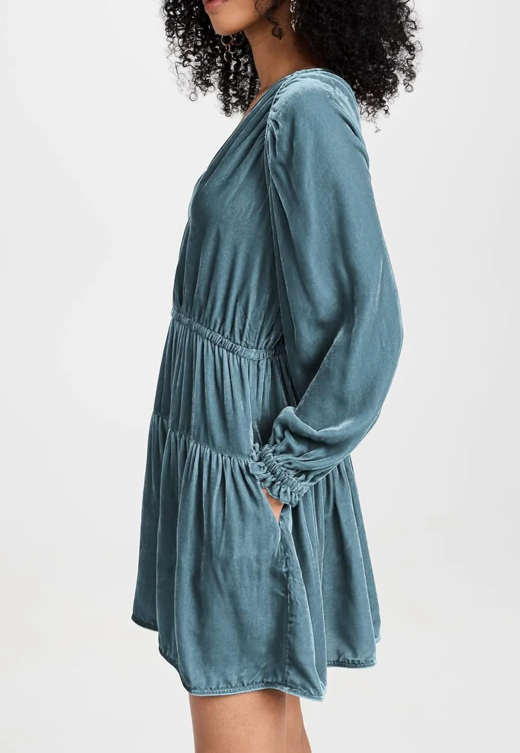 R.Vivimos Womens Fall Velvet Mini Dress V Neck Long Sleeve Elastic Waist Winter Tiered Flowy Swing A-Line Dress with Pockets