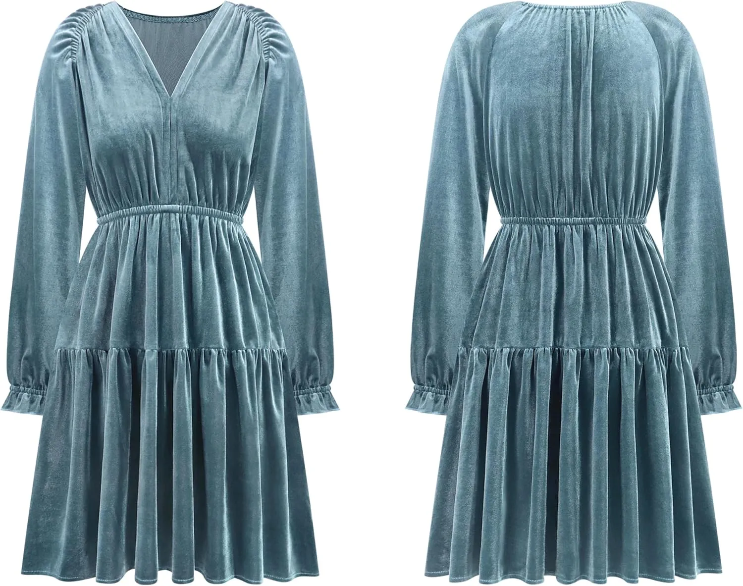 R.Vivimos Womens Fall Velvet Mini Dress V Neck Long Sleeve Elastic Waist Winter Tiered Flowy Swing A-Line Dress with Pockets
