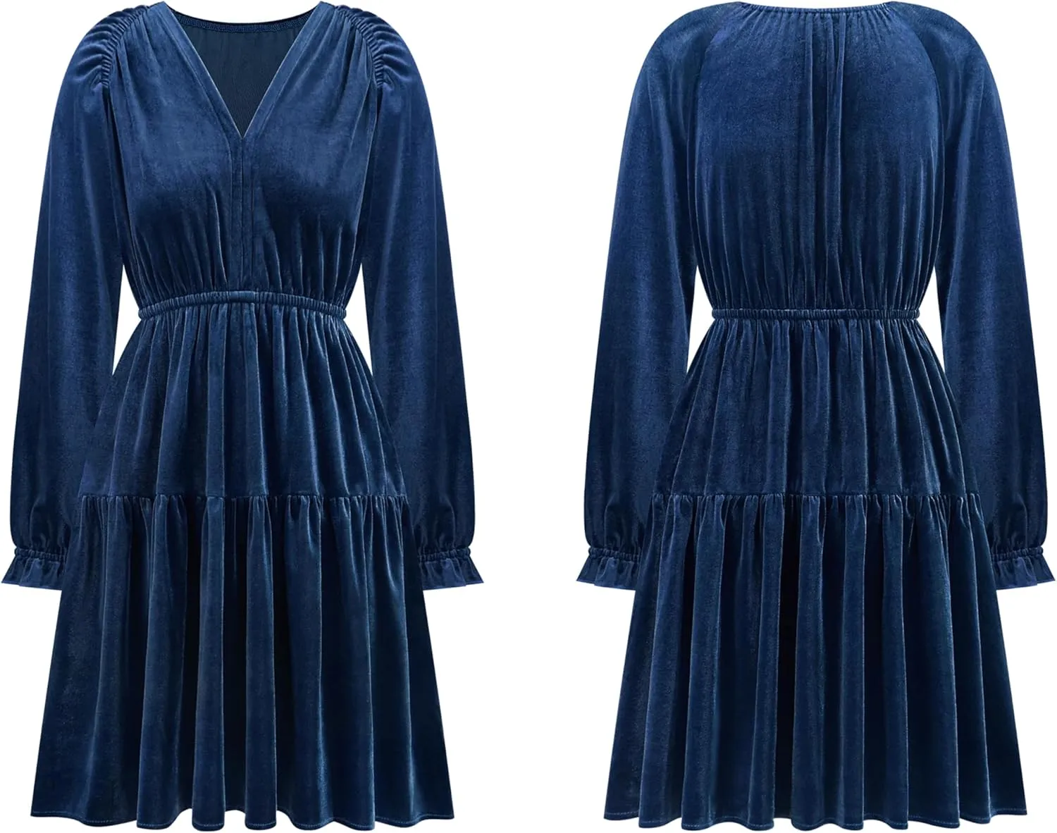 R.Vivimos Womens Fall Velvet Mini Dress V Neck Long Sleeve Elastic Waist Winter Tiered Flowy Swing A-Line Dress with Pockets