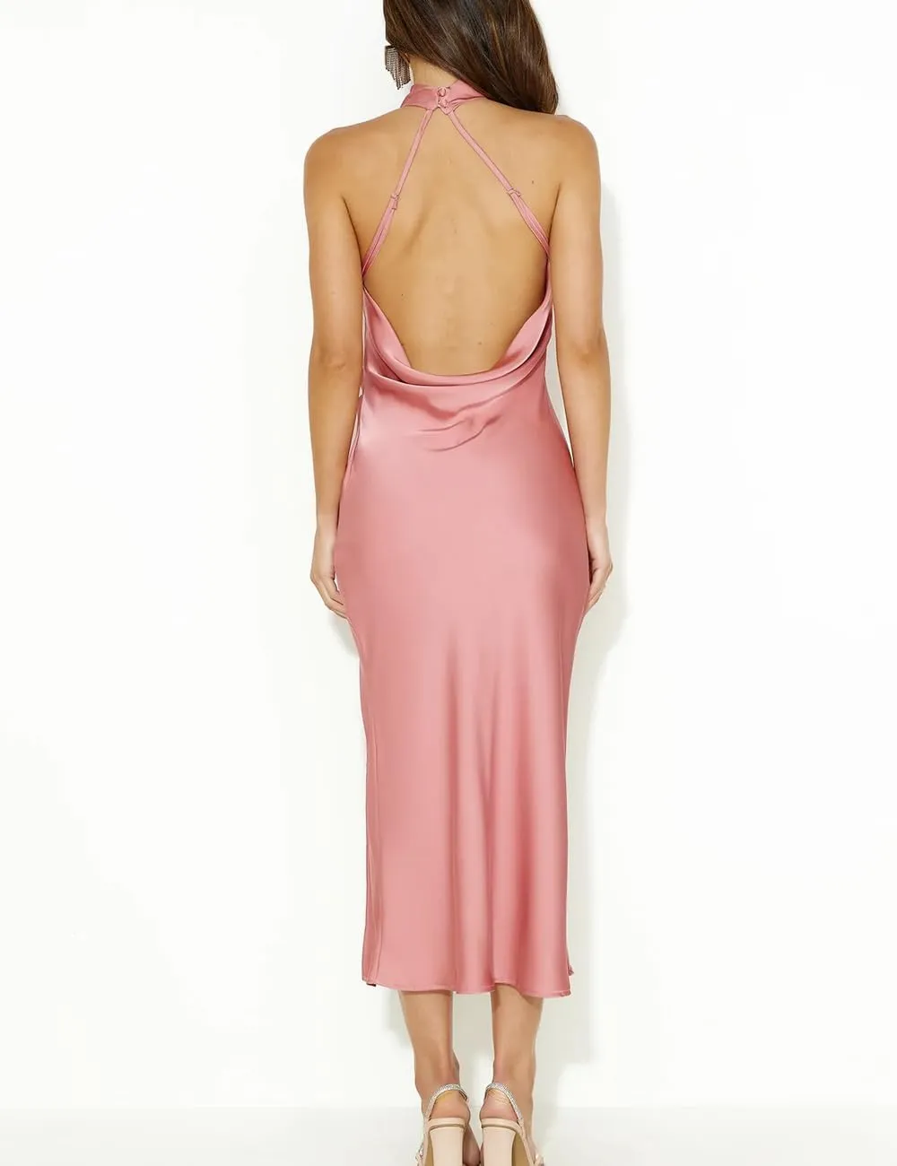 Satin Halter Backless Silt Midi Dress for Women 2024 Elegant Formal High Neck Cowl Back Silk Wedding Guest Sexy Dresses