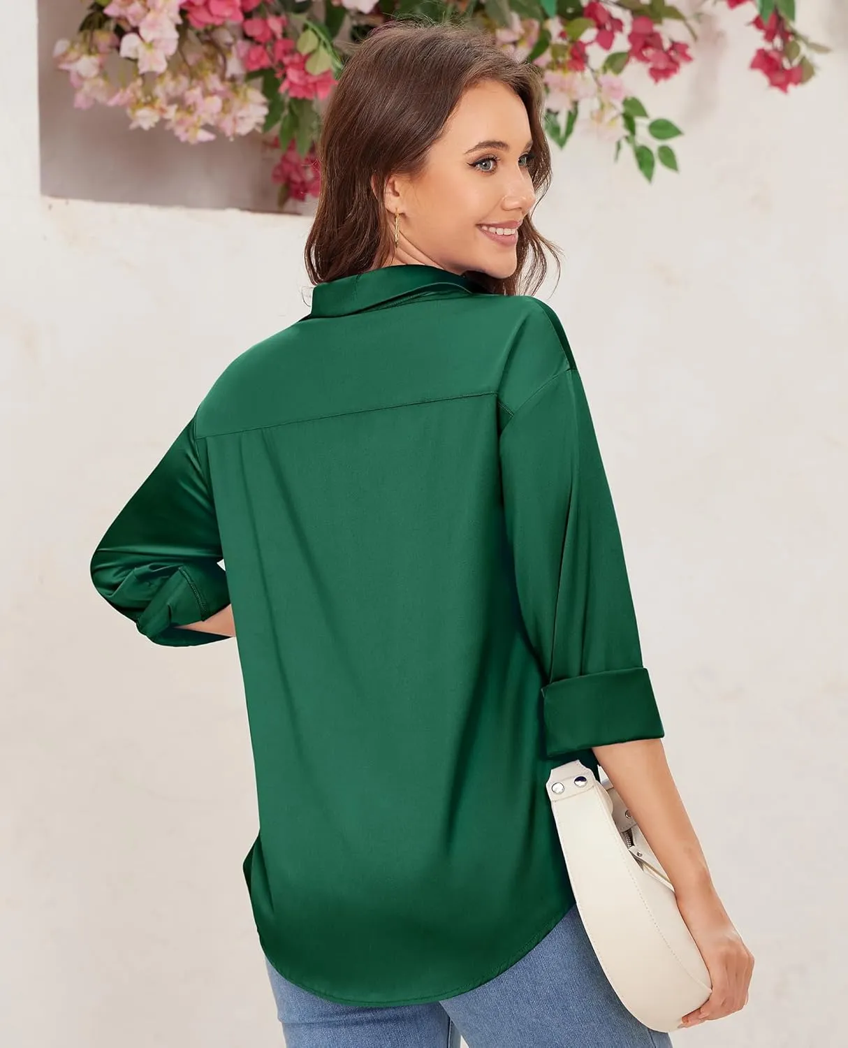 siliteelon Satin Blouses for Women Silk Button Down Shirts Casual Long Sleeve Shirt Business Office Work Tunic Tops