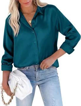 siliteelon Satin Blouses for Women Silk Button Down Shirts Casual Long Sleeve Shirt Business Office Work Tunic Tops
