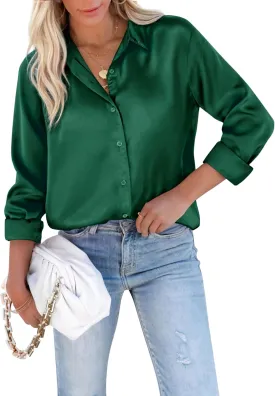 siliteelon Satin Blouses for Women Silk Button Down Shirts Casual Long Sleeve Shirt Business Office Work Tunic Tops