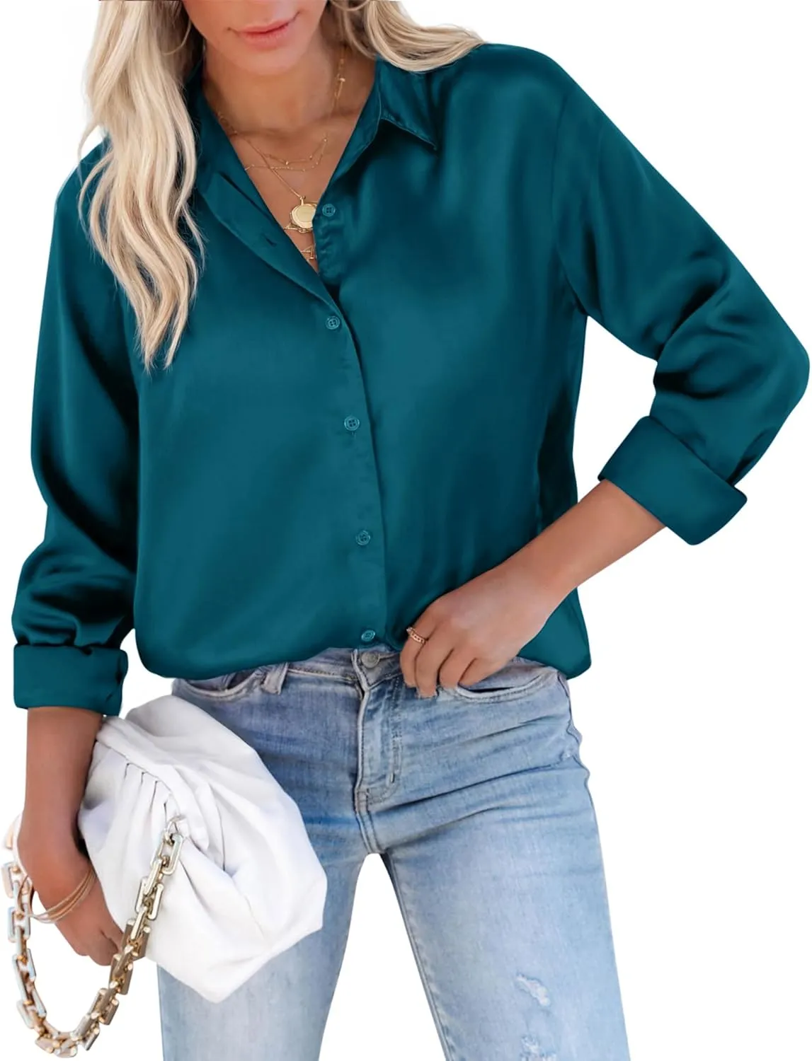 siliteelon Satin Blouses for Women Silk Button Down Shirts Casual Long Sleeve Shirt Business Office Work Tunic Tops
