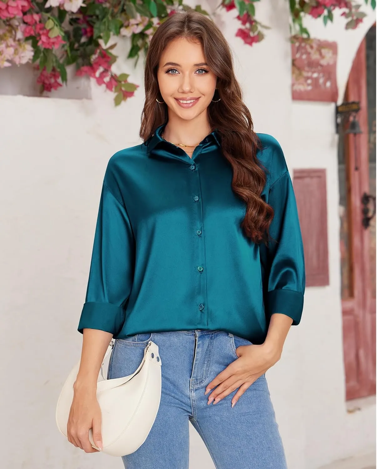 siliteelon Satin Blouses for Women Silk Button Down Shirts Casual Long Sleeve Shirt Business Office Work Tunic Tops