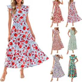 Summer Dresses for Women 2025 Floral Maxi Dress Cap Sleeve V Neck Ruffle Flowy Dresses Boho Beach Vacation Sundress