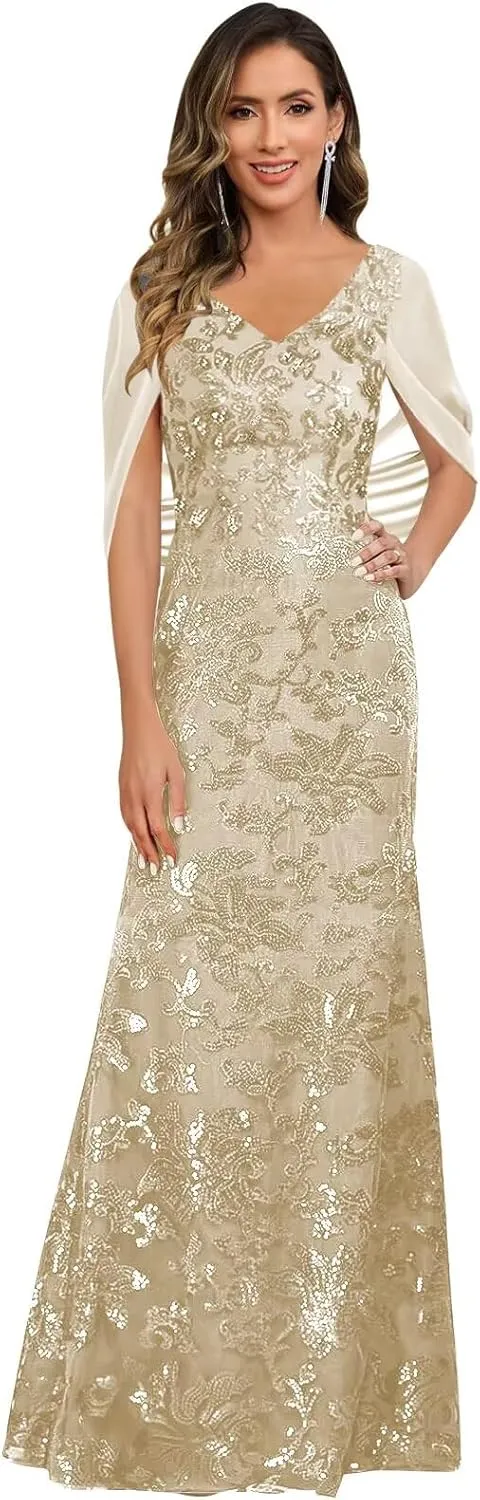 VCCICANY Sequin Mermaid Mother of The Bride Dresses for Women V Neck Long Evening Formal Gown with Cape Sleeves