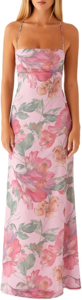 Women Flower Print Maxi Dress Spaghetti Strap Floral Slip Dress Y2k Backless Slim Fit Long Bodycon Dresses