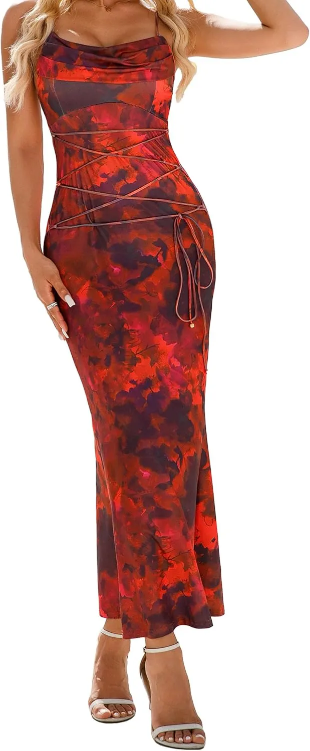 Women's 2025 Summer Sexy Print Maxi Dress Floral Square Neck Spaghetti Strap Bodycon Slip Long Dresses