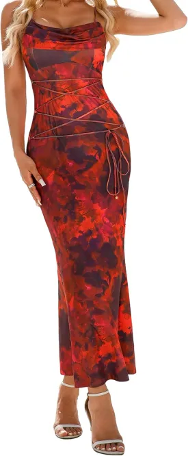 Women's 2025 Summer Sexy Print Maxi Dress Floral Square Neck Spaghetti Strap Bodycon Slip Long Dresses