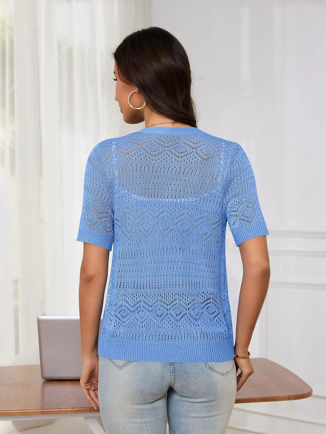 Women's Crochet Knit Open Front V-Neck Button Down Summer Short Sleeve Lightweight Cardigan Sweater