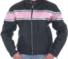 Women's Leather Jacket Pink Stripe & Double Silver Reflector Stripes