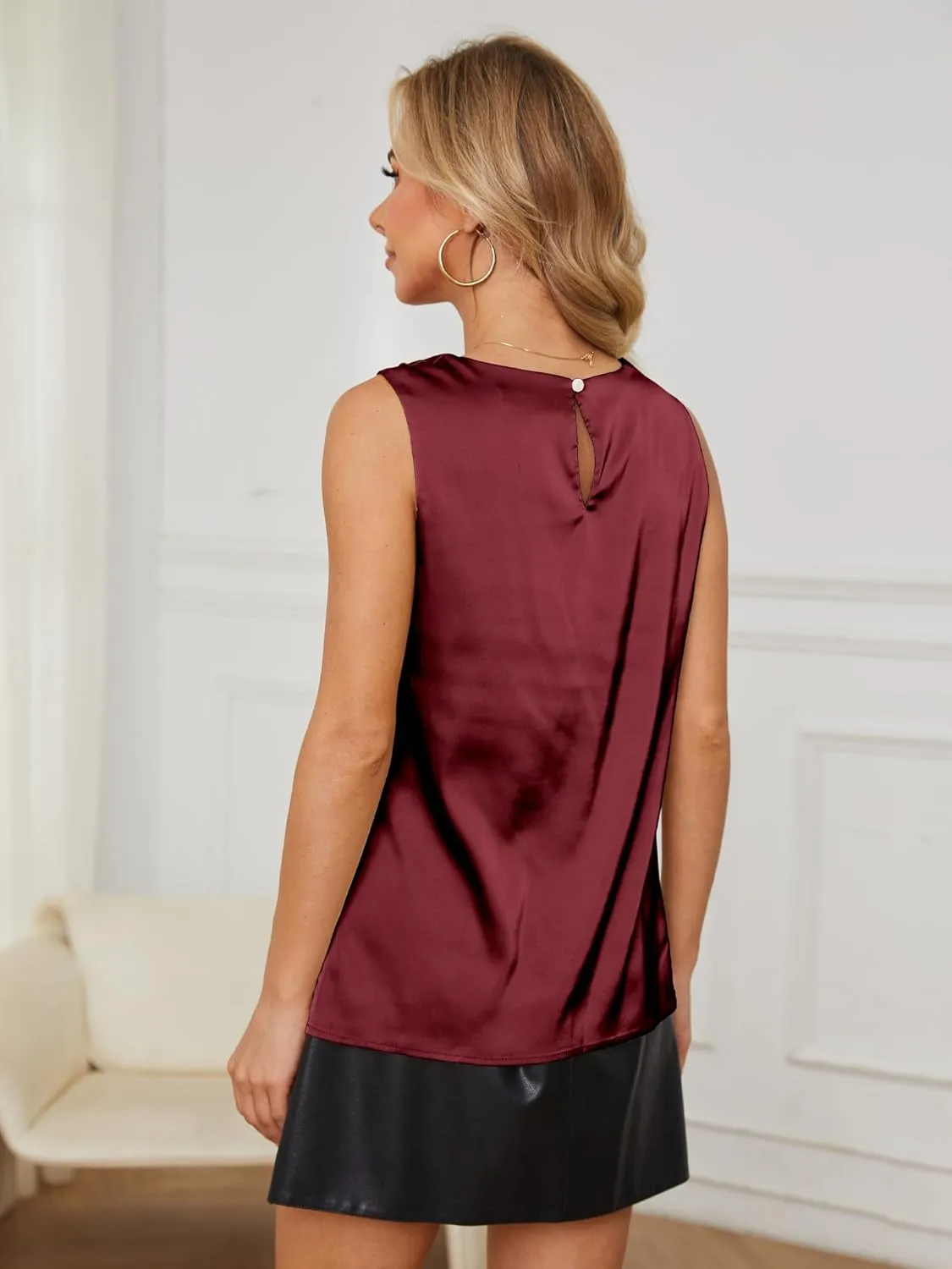 Womens Silk Satin Tank Tops Crew Neck Casual Cami Sleeveless Camisole Blouses Summer Tank Shirt Back Closure