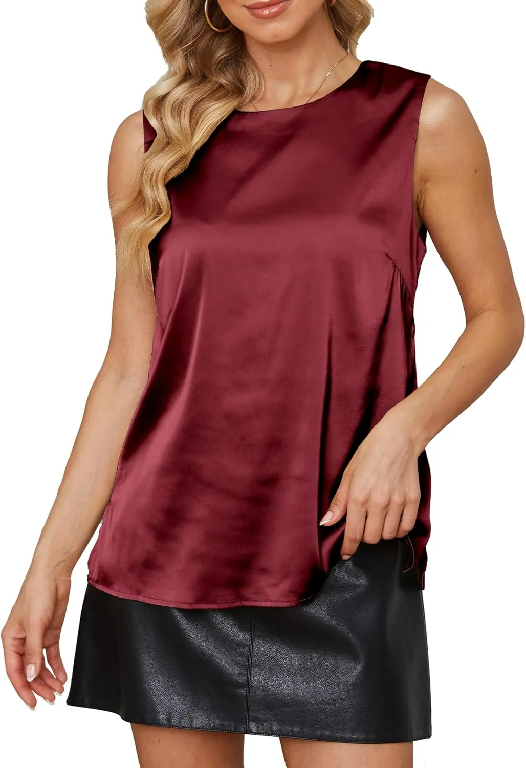 Womens Silk Satin Tank Tops Crew Neck Casual Cami Sleeveless Camisole Blouses Summer Tank Shirt Back Closure